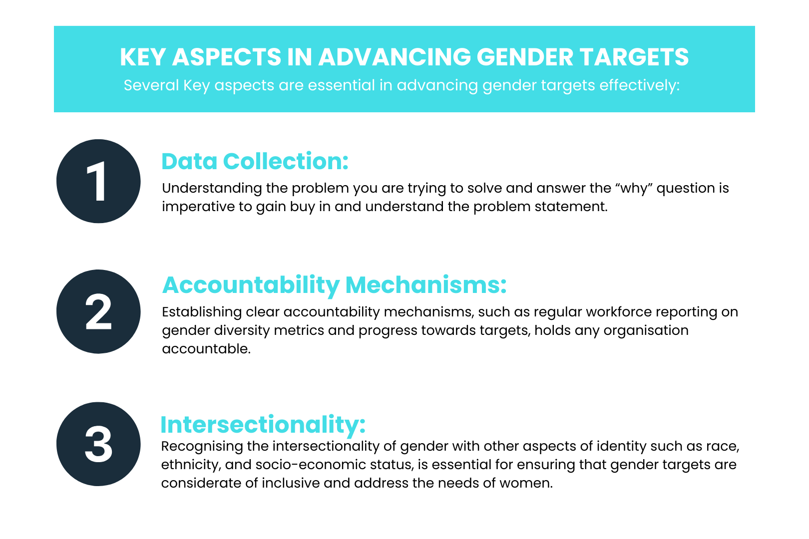 There are three key aspects in advancing gender targets.