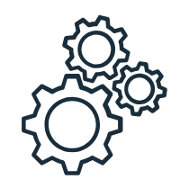 A line drawing of three gears on a white background.