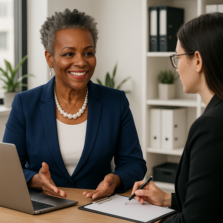 A woman is sitting on a couch holding a clipboard and a notebook.
