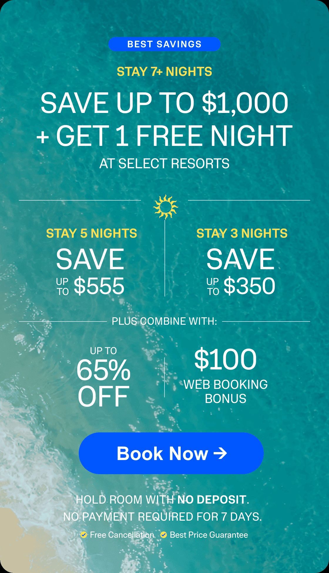 Anniversary cruise sale ad with up to 30% off, $400 credit, 50% reduced deposit, and free kids' fares over a whale breaching.