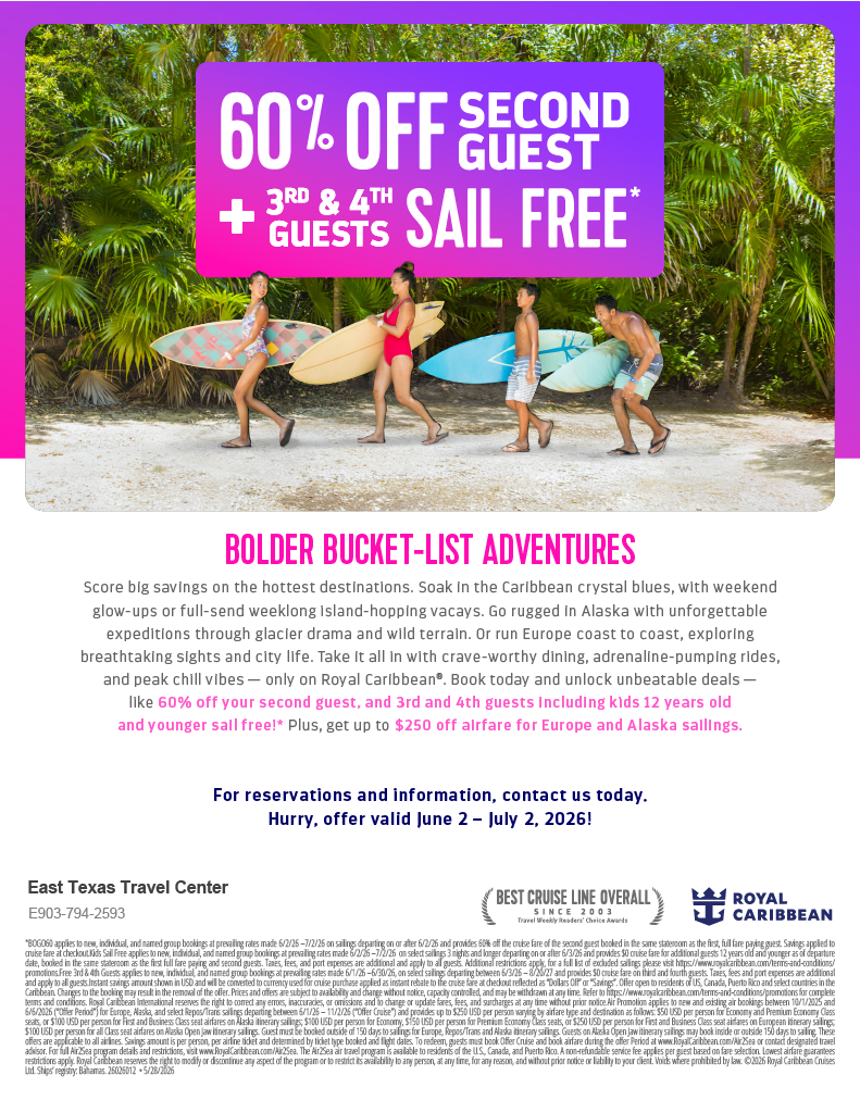 Purple beach promo ad for a catamaran sail: “60% off second guest,” “3 or 4 guests sail free”