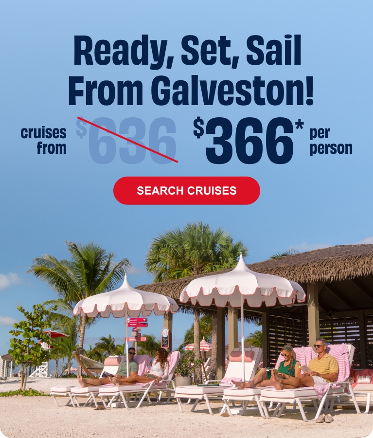 Pink-orange “MEGA HOT DEALS” cruise sale ad with $299 and $100 off Caribbean cruises