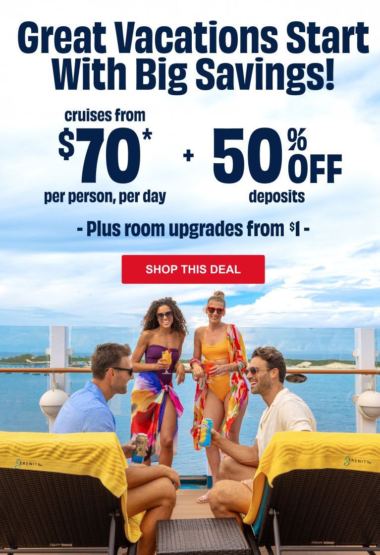 Promotional cruise ad: two people lounging on deck chairs, two standing, overlooking the sea, with