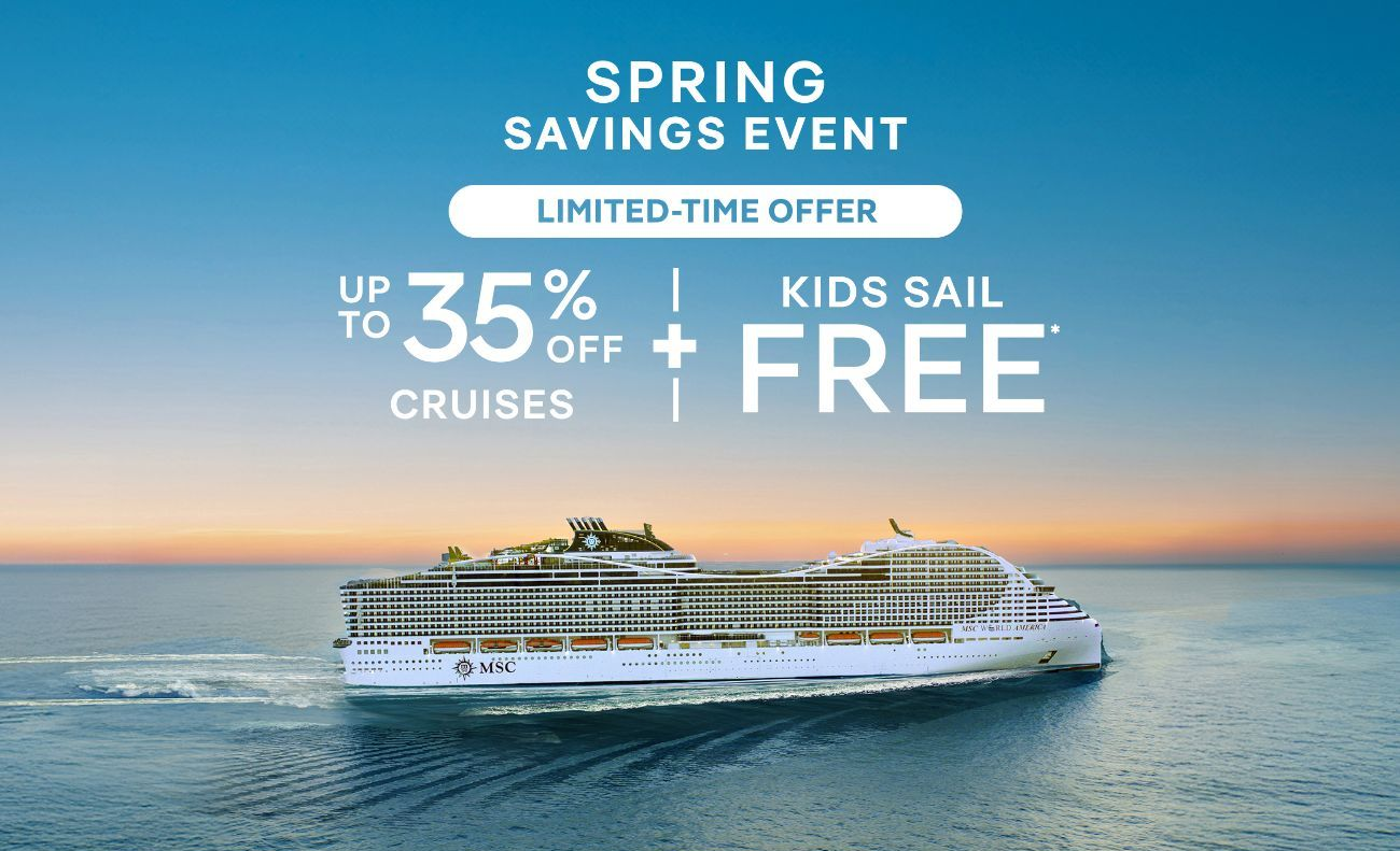 Cruise ship sailing on blue water, offering up to 35% off cruises and free sailing for kids during a spring savings event.