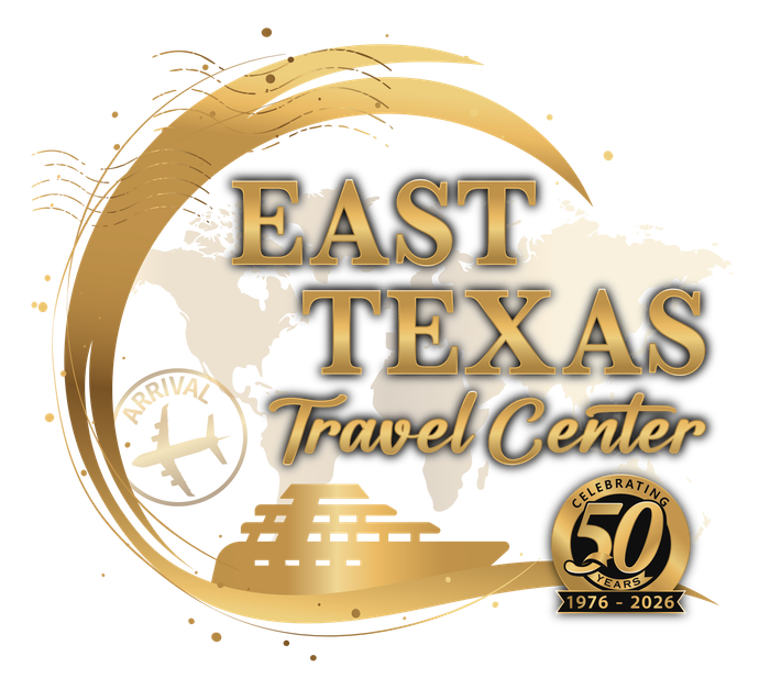 Logo for East Texas Travel Center featuring gold text, a globe, cruise ship silhouette, airplane, and 50th anniversary seal.