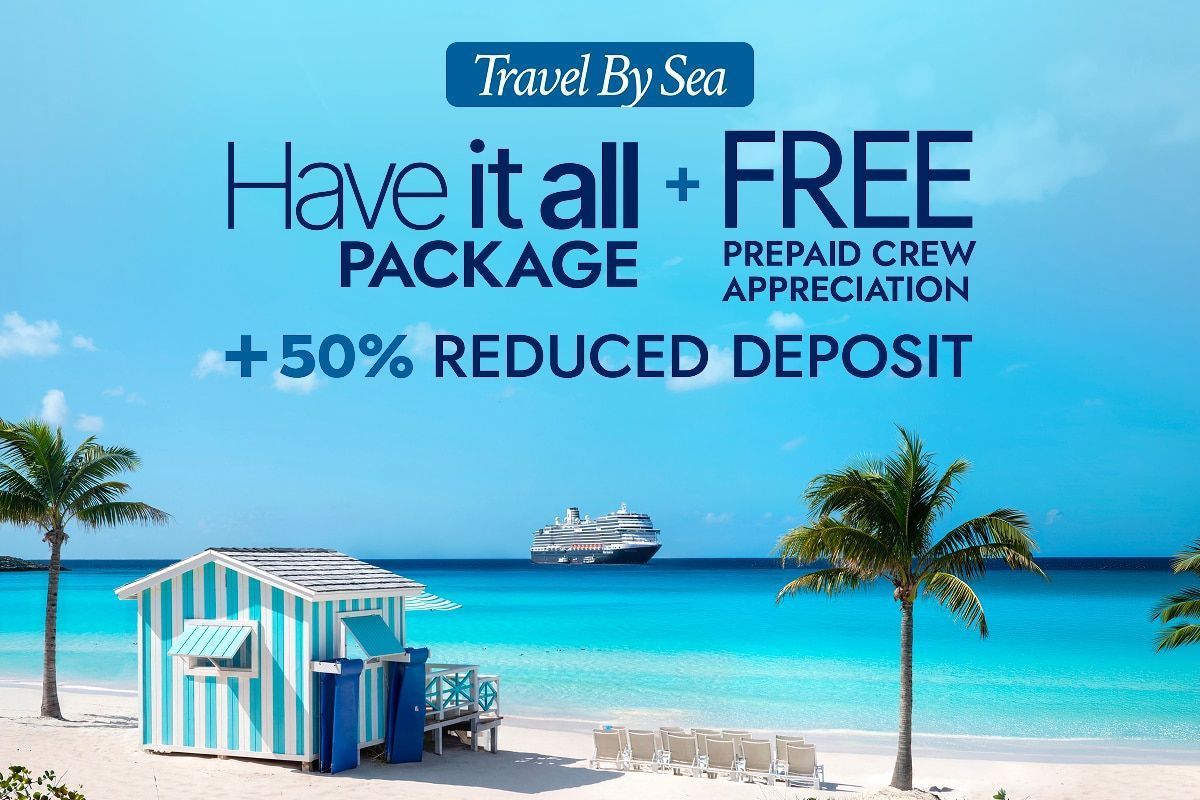 Beach cruise ad with turquoise sea, ship, and text: “Have it all + free package, prepaid crew appreciation, 50% reduced deposit”