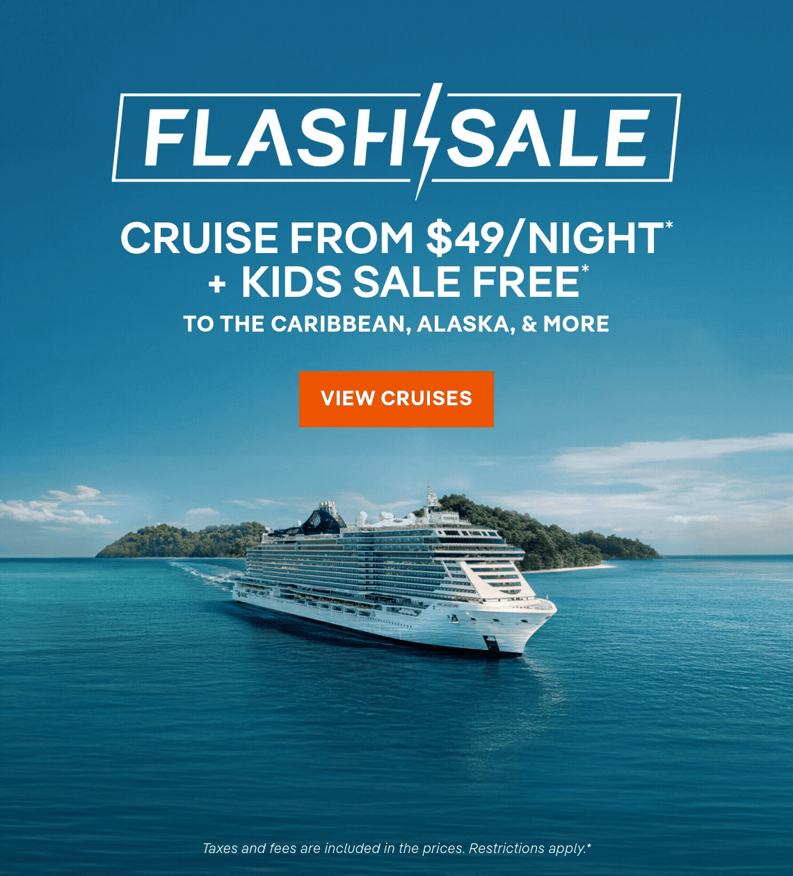 Flash sale cruise deal with ship sailing on blue ocean and tropical island backdrop