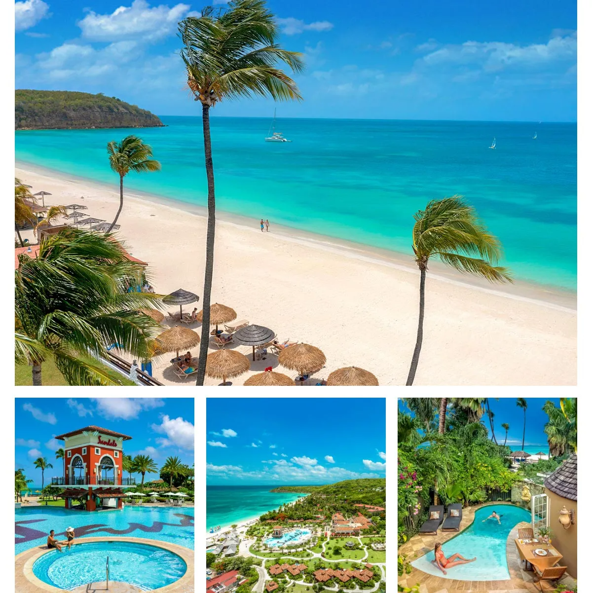 Tropical beach scene with turquoise water, palm trees, and straw umbrellas. Additional photos of pools and beach resorts.