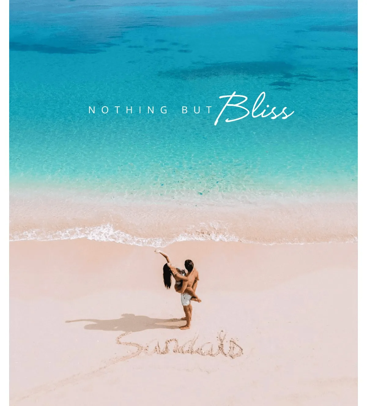 Couple on beach, man holding woman. Turquoise water, pink sand. 