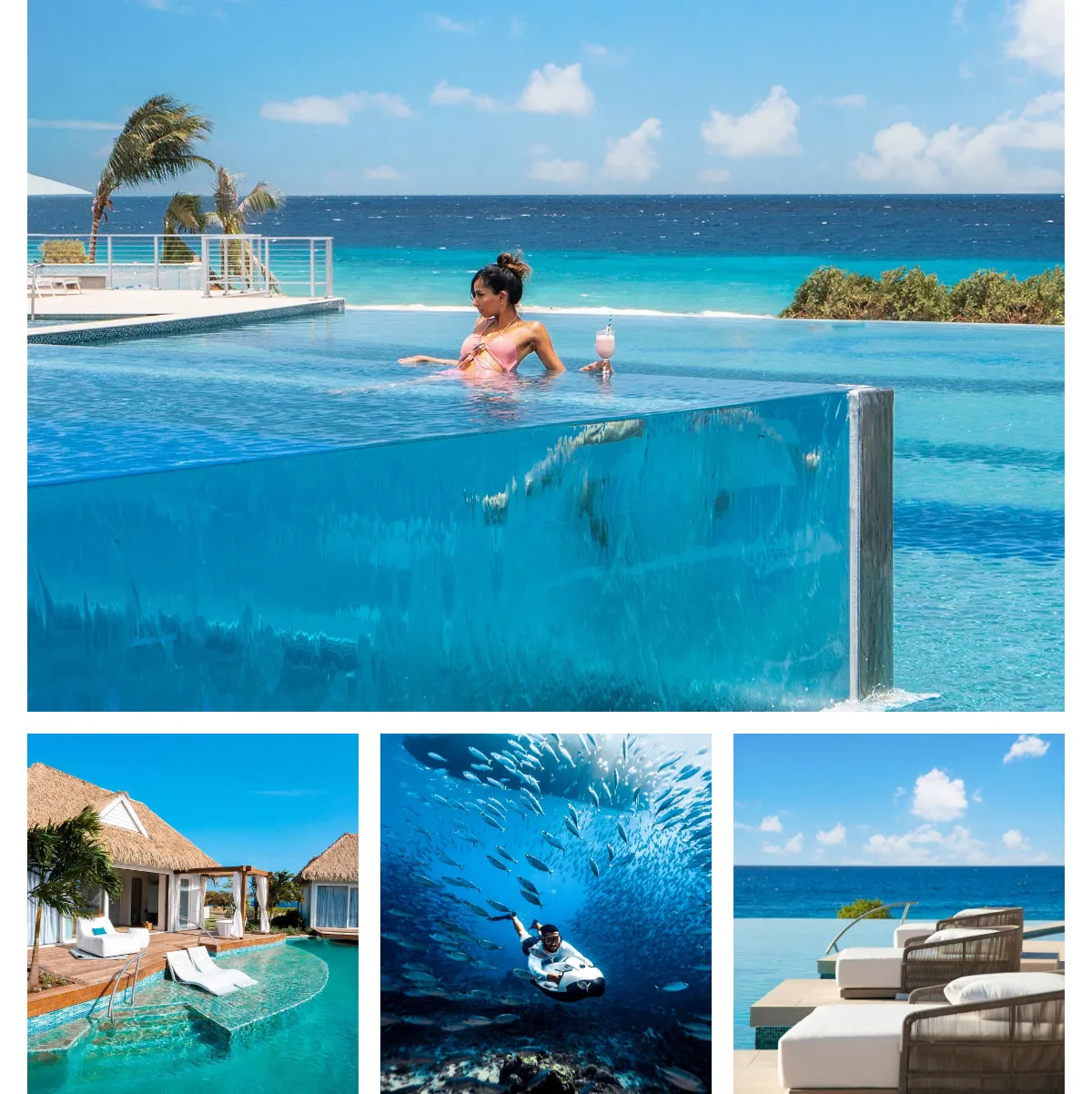 Woman in a pink swimsuit in an infinity pool with an ocean view; beach resort scenes below.