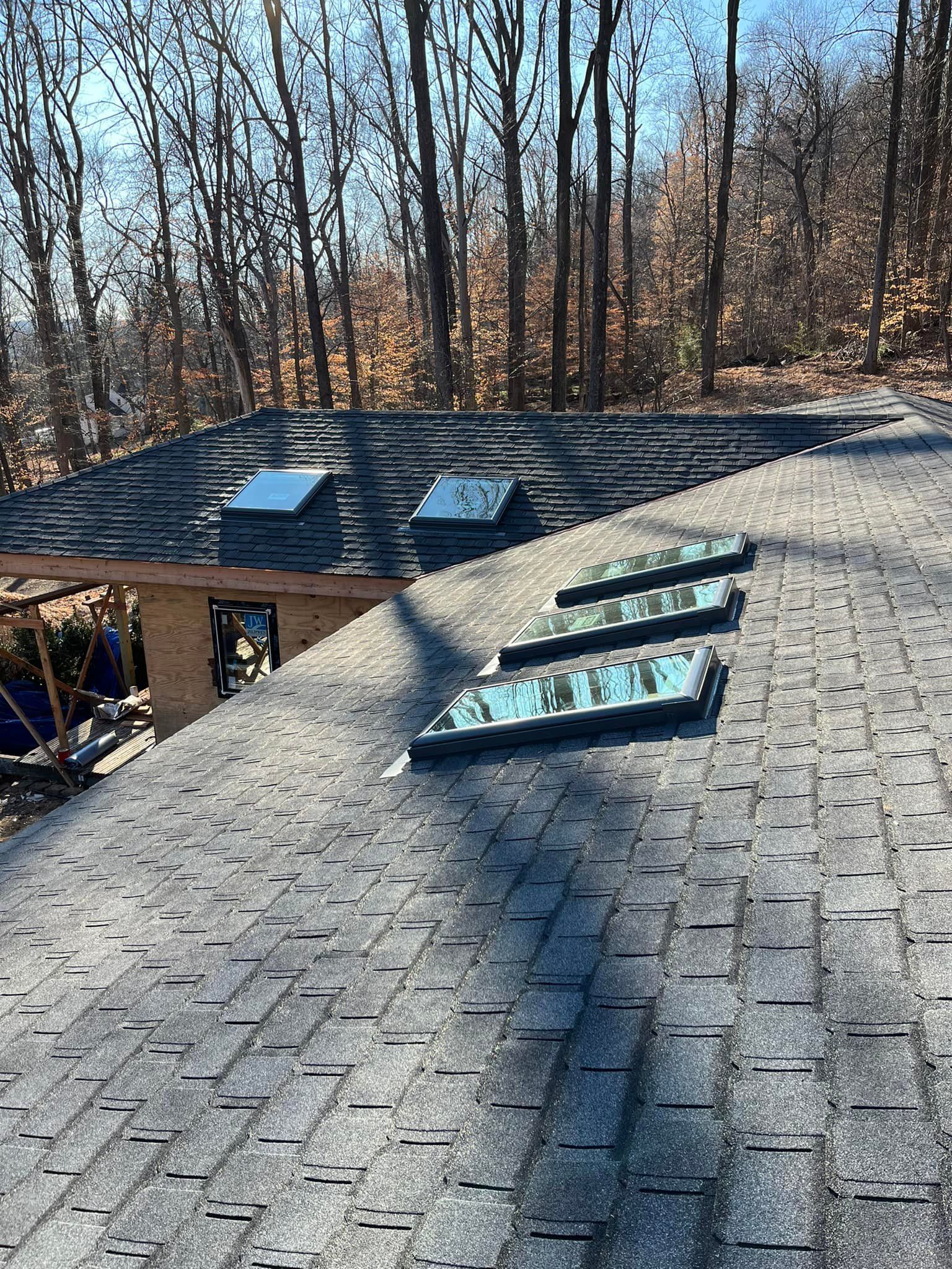 Overhead view of a roof with multiple rectangular skylights; trees in the background.