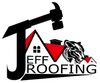 Logo: Black hammer over "J" shape. Red roof with tiger and text "JEFF ROOFING".