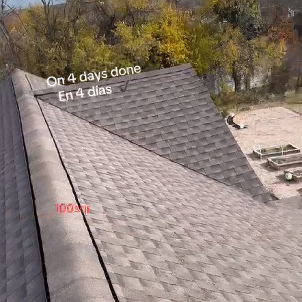 Newly shingled roof with the text 