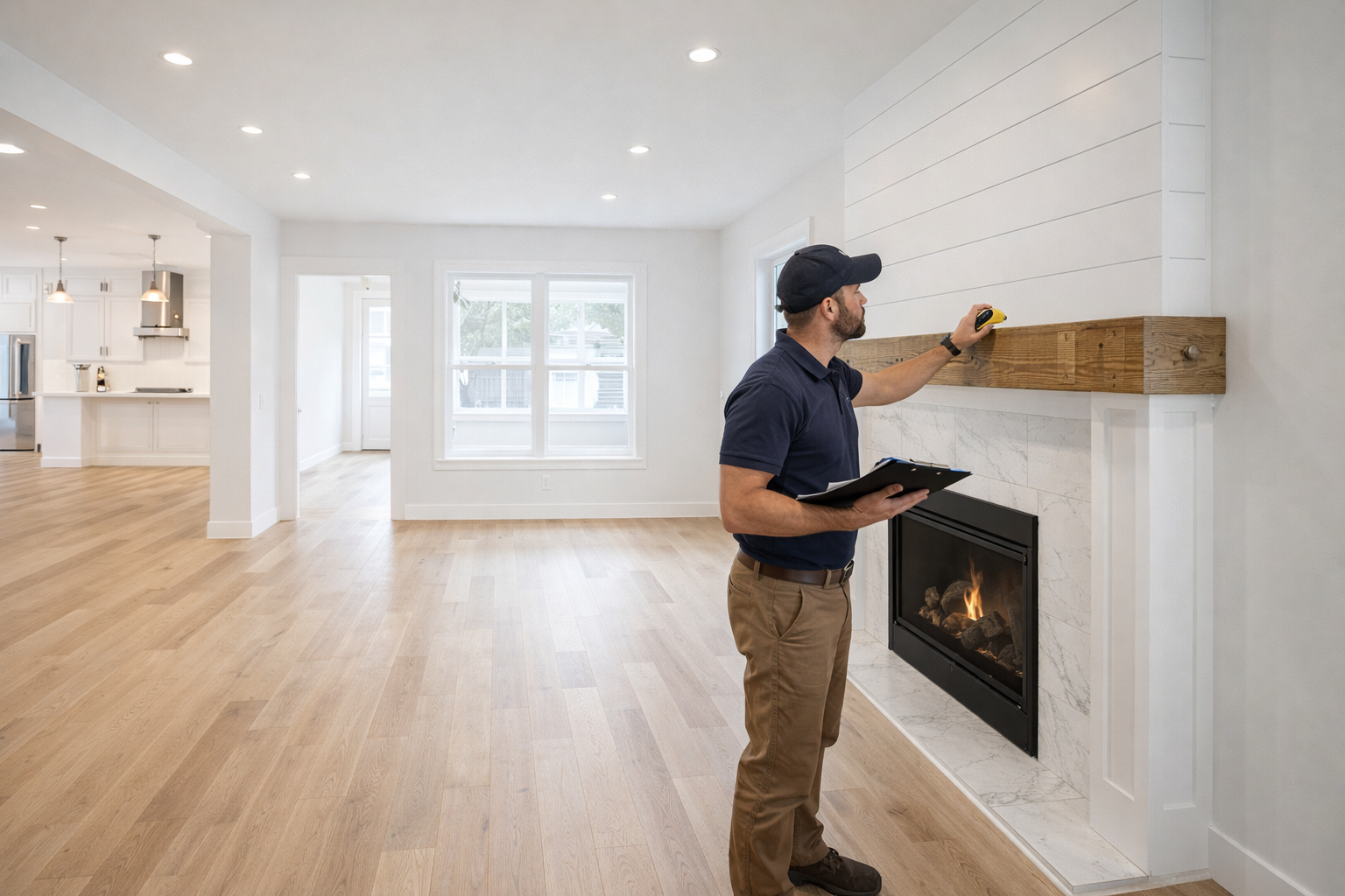 A professional inspector checks a wooden fireplace mantel in a modern, light-filled living room with hardwood floors.