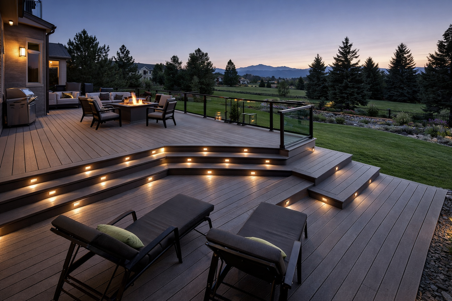 A twilight view of a modern multi-level deck with recessed step lighting, lounge chairs, and a cozy fire pit.