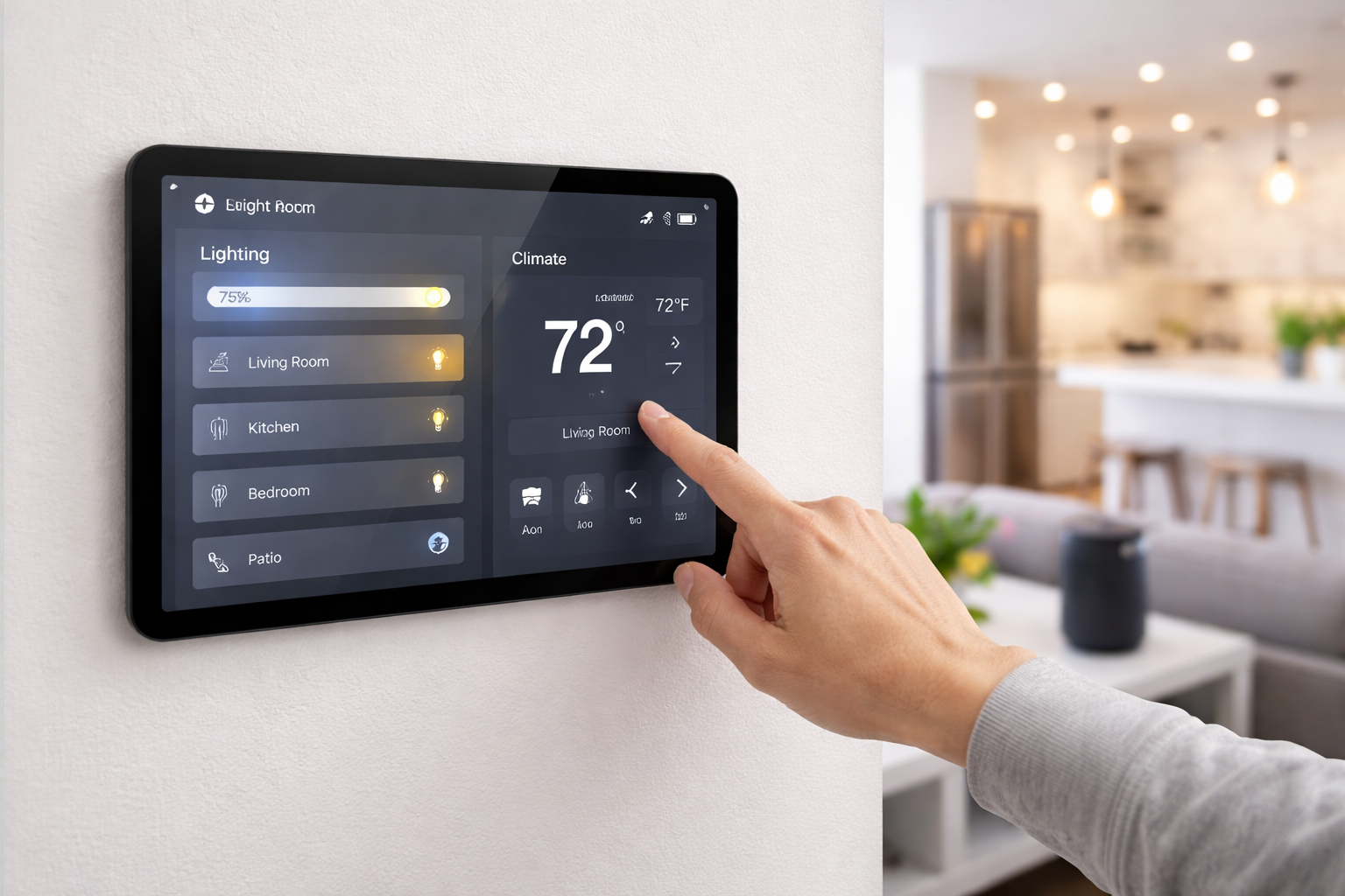 A person adjusting the settings on a wall-mounted smart home control panel in a modern, blurred living space.
