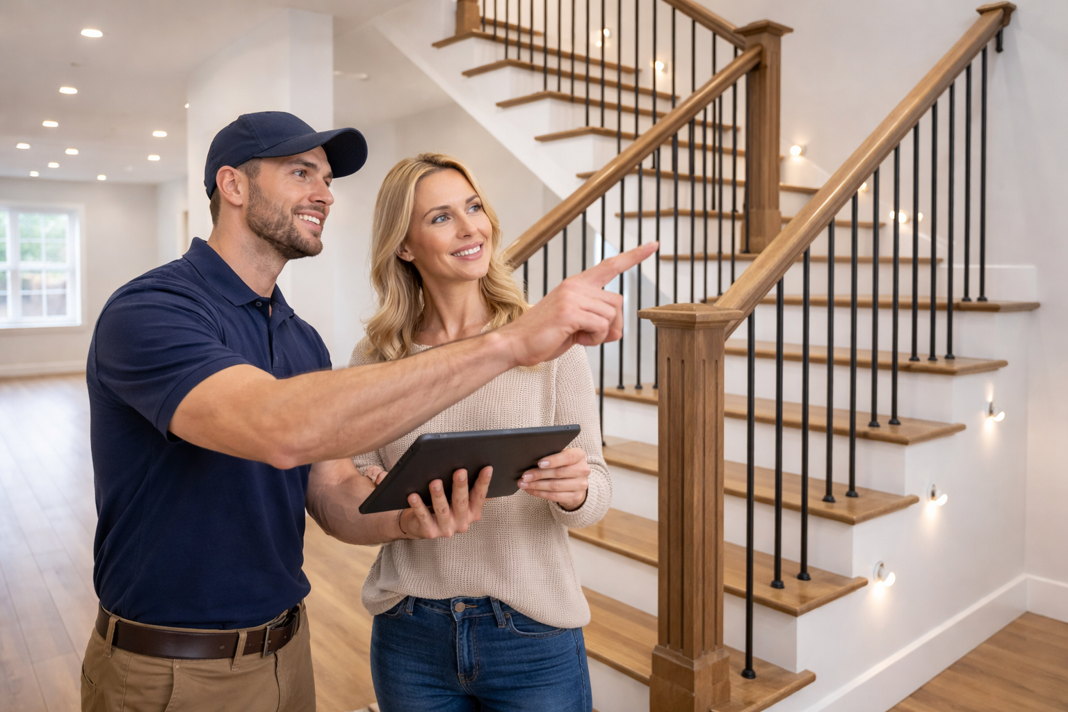 A service professional holding a tablet discusses a feature of a modern house with a client who points toward the stairs.