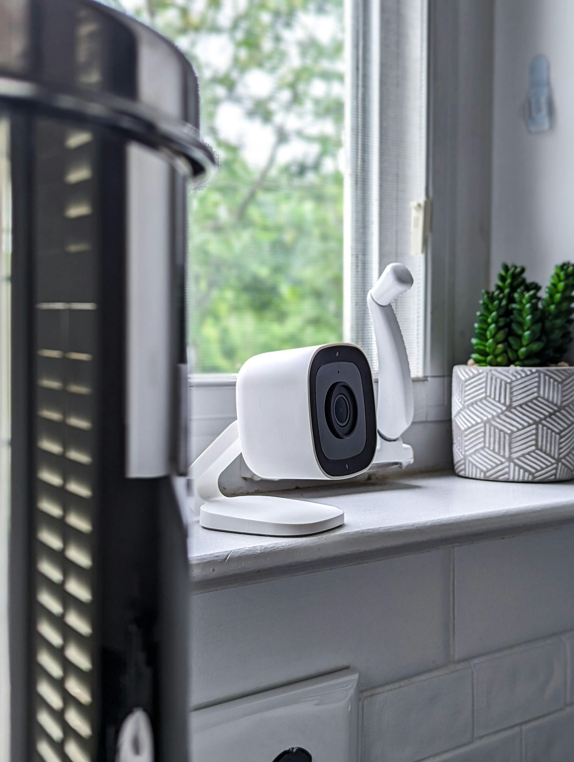 A small, white security camera sits on a white windowsill next to a potted succulent plant.