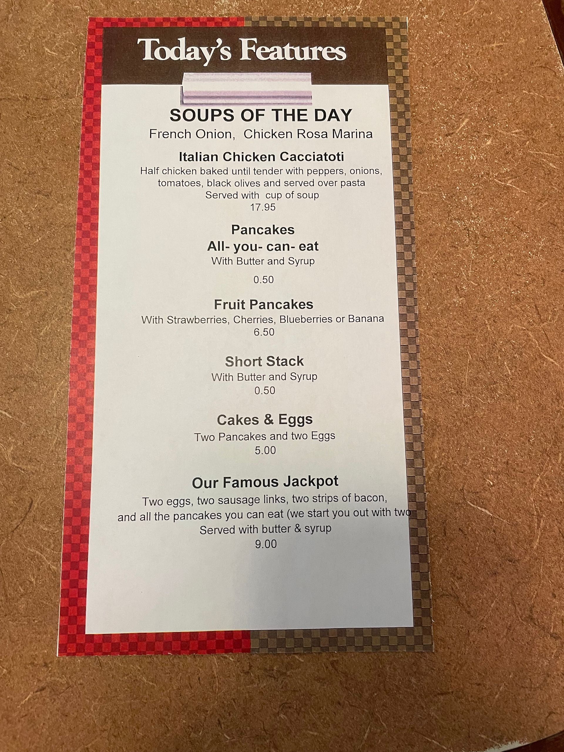 A menu for today 's features soups of the day