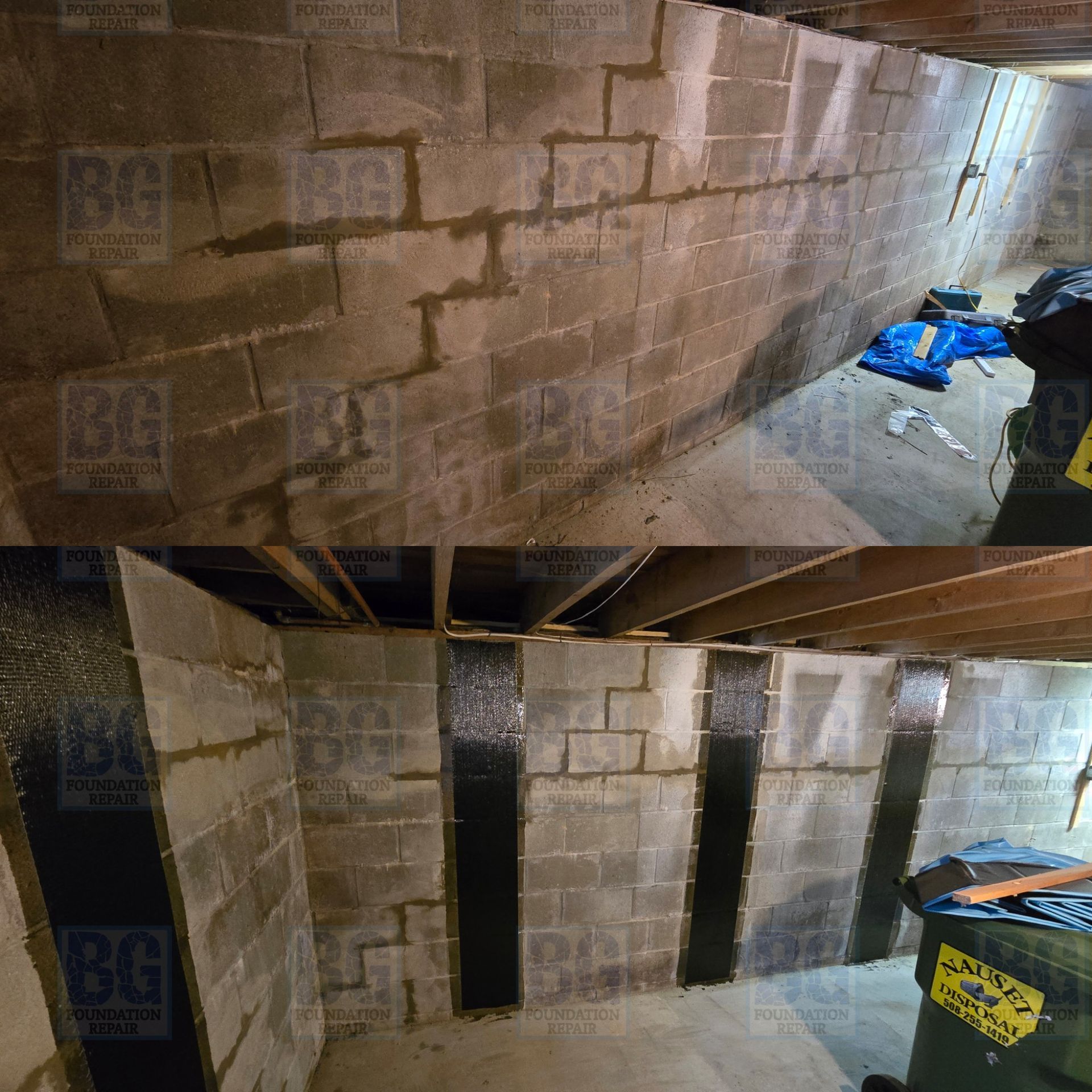 Before and after of carbon fiber strapping applied to block foundation