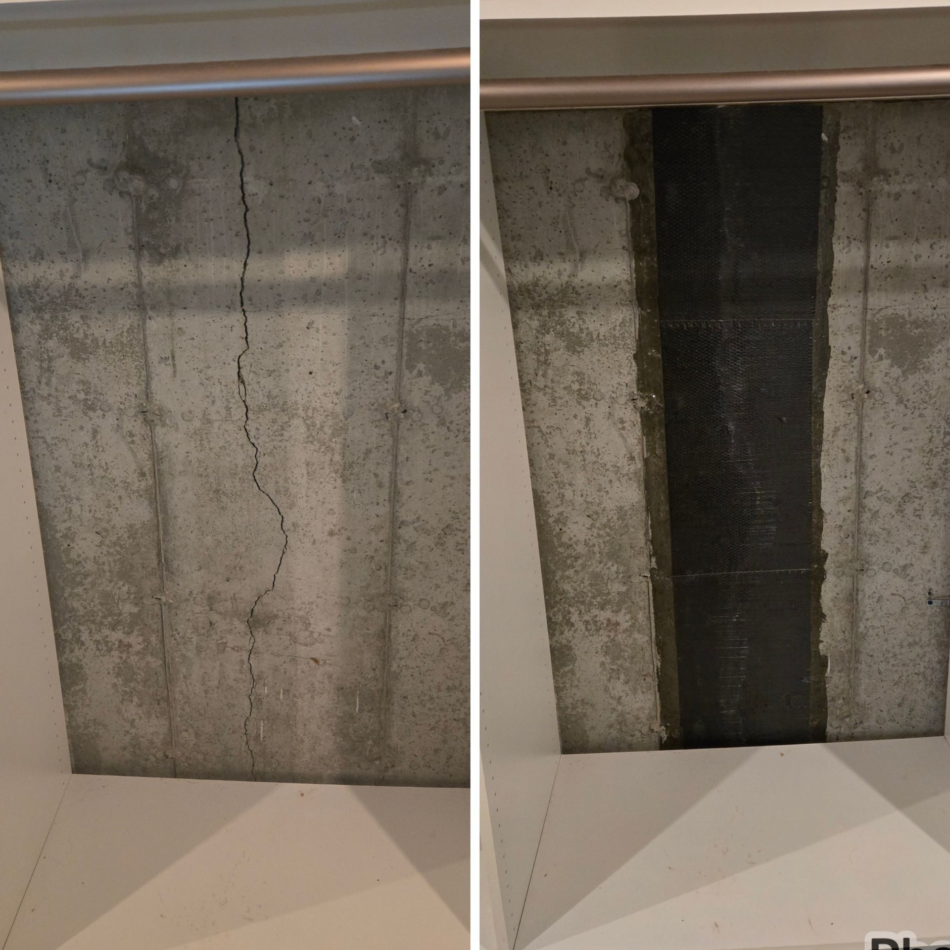 Before and after of carbon fiber applied to wall crack