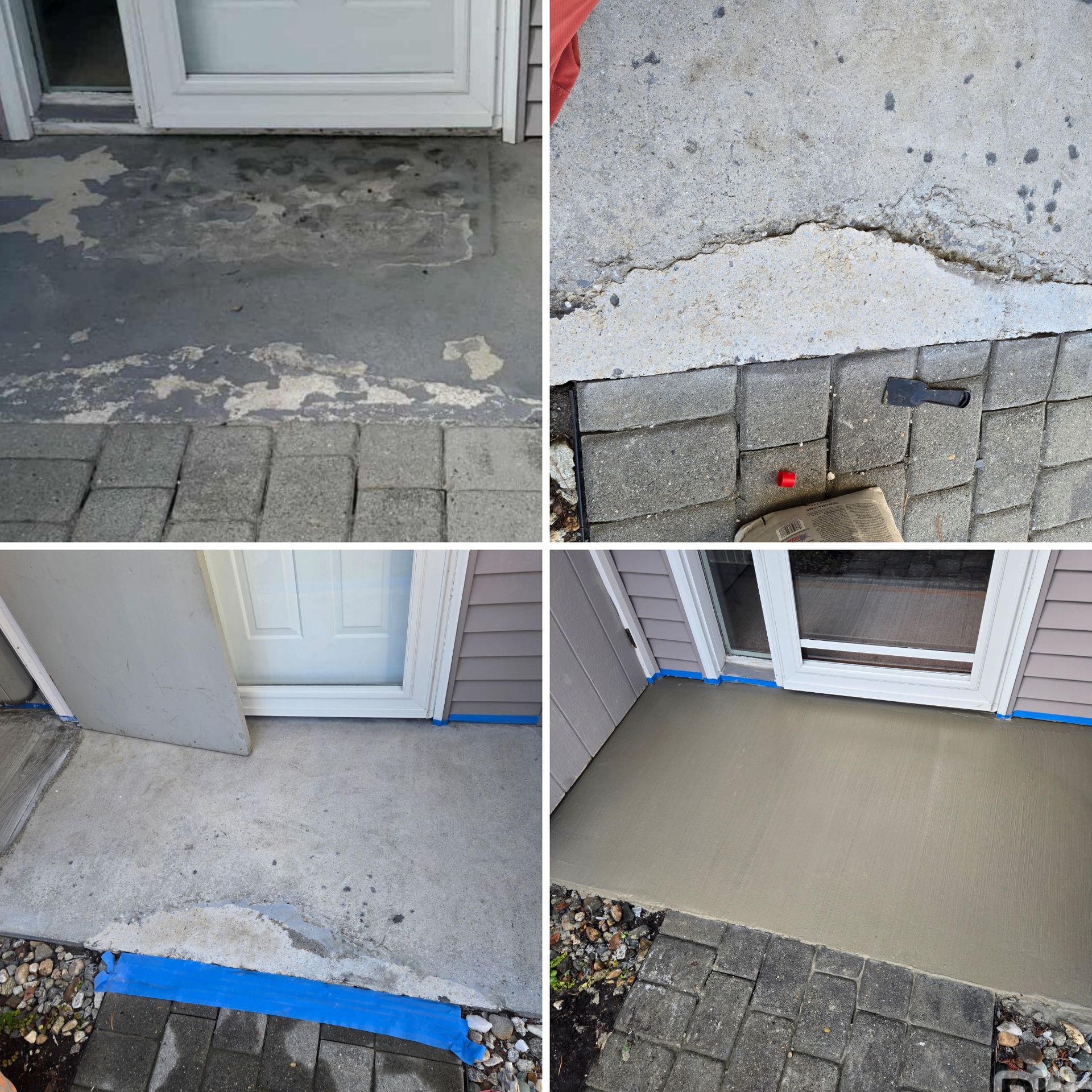 Before and after of a concrete patio slab repair and resurface
