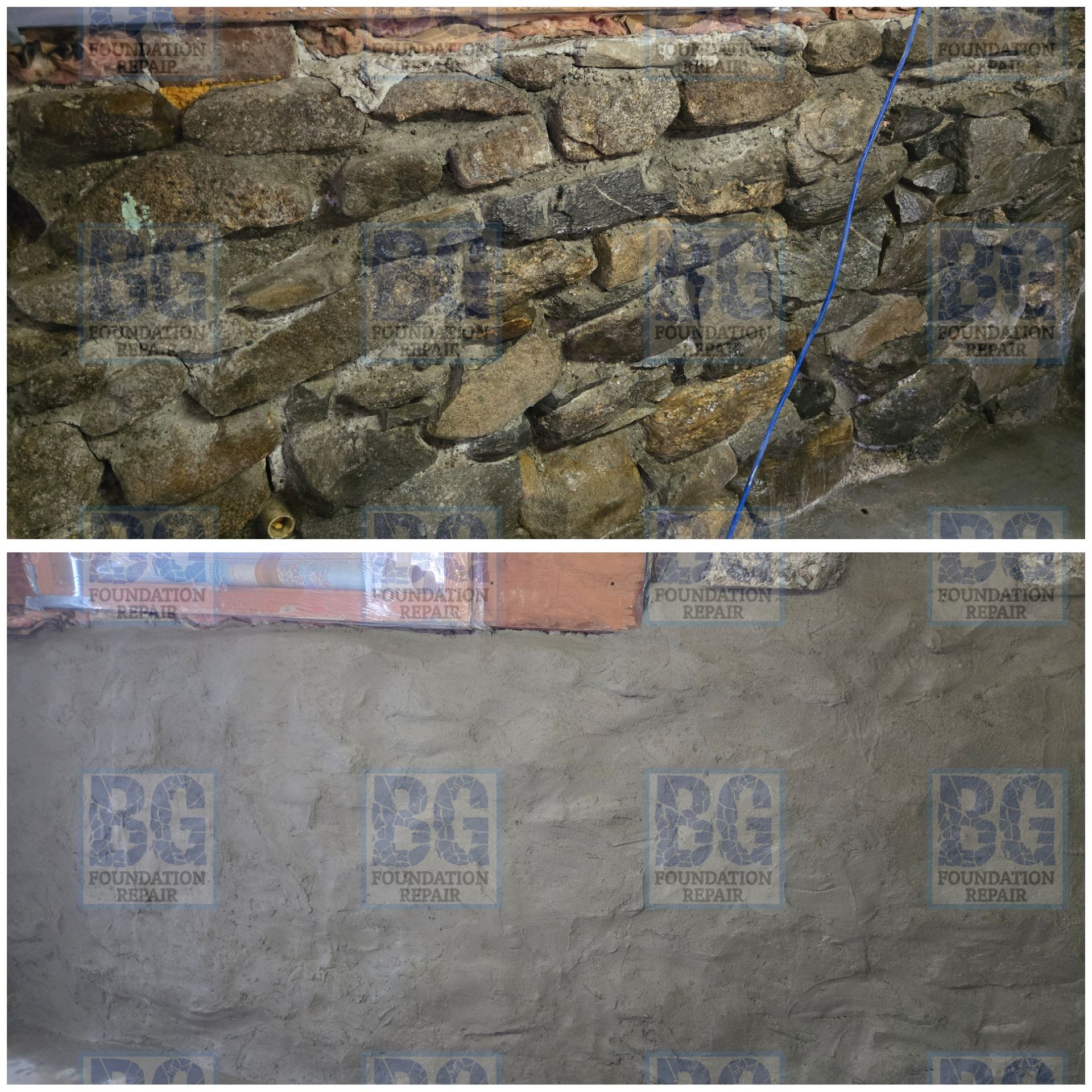 Before and after of fieldstone foundation repoint and waterproofing repair