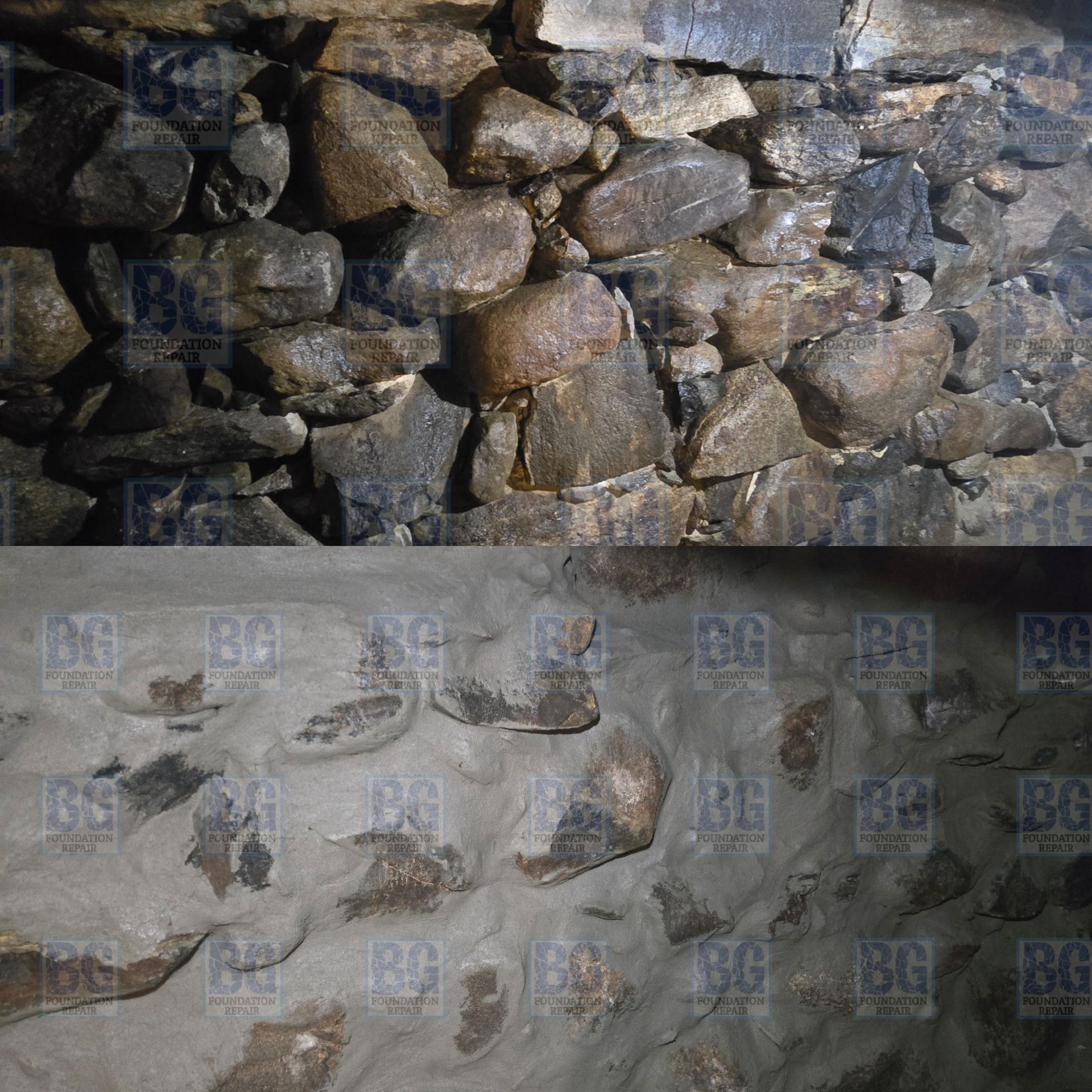 Before and after of fieldstone foundation repoint and waterproofing repair