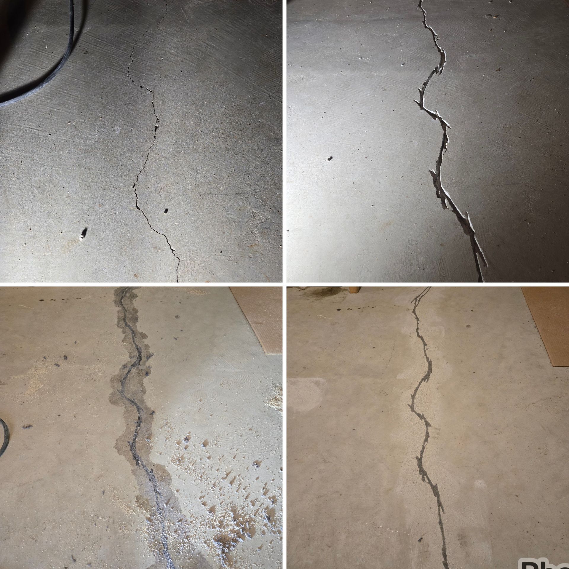 Four photos showing stages of concrete floor crack repair