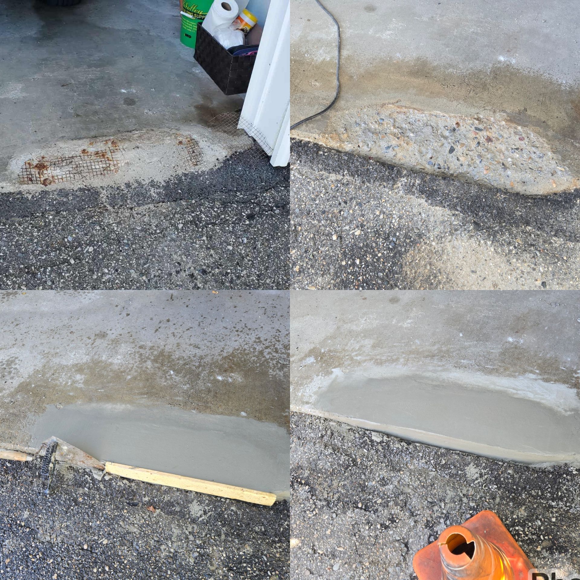 Before and after of a spalling concrete slab repair