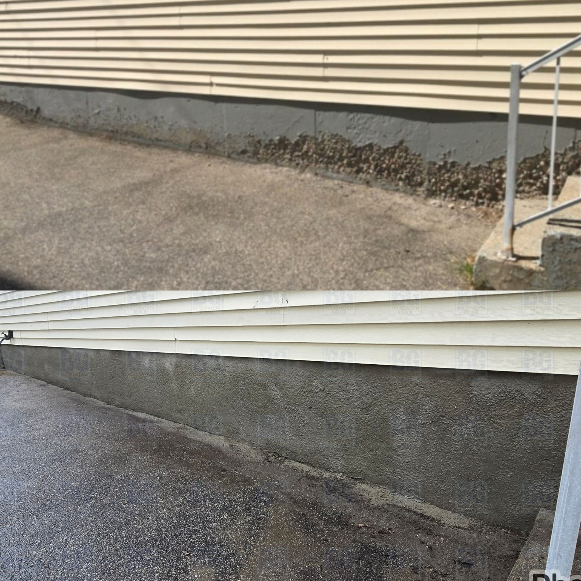 Spalling pitted concrete repair on outer foundation wall