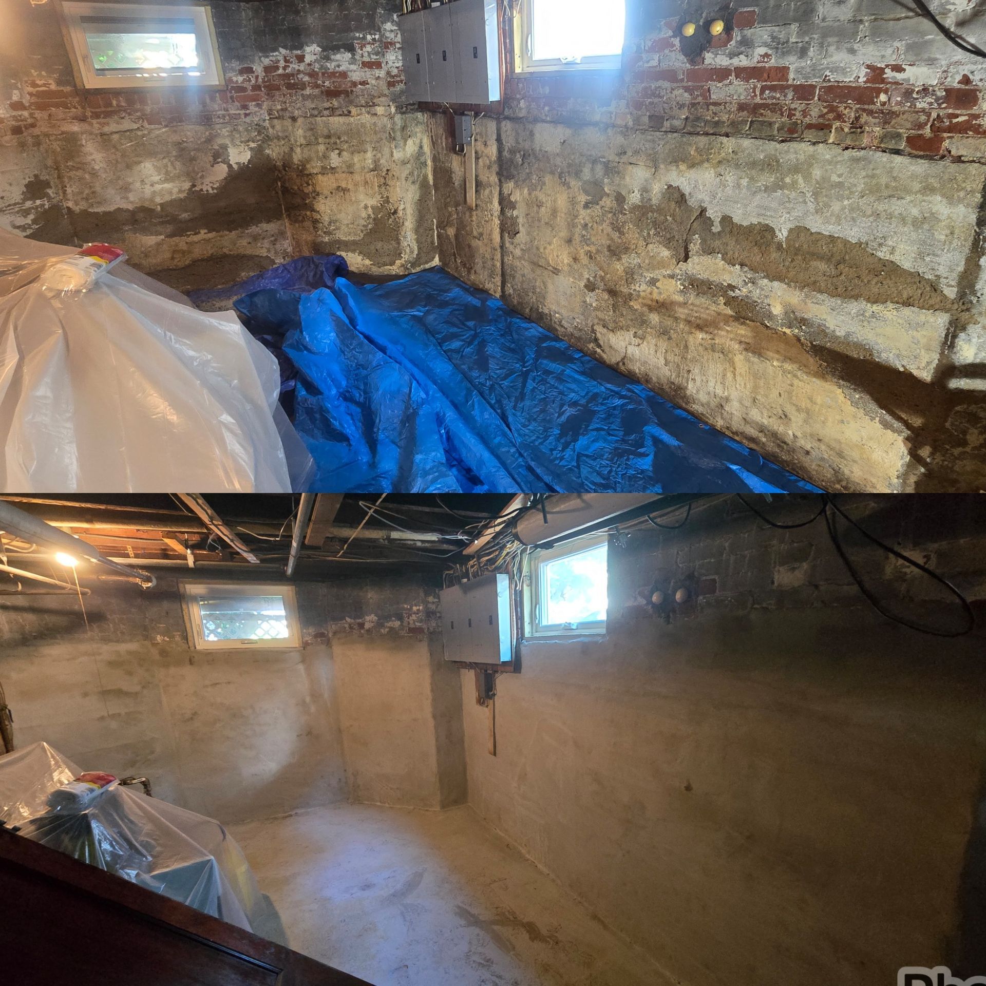 Before and after of spalling, pitted concrete basement wall