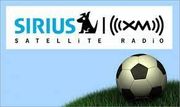 A soccer ball is sitting on top of a grassy hill in front of a sirius satellite radio logo.