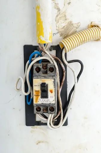 A close up of an electrical outlet with wires coming out of it.