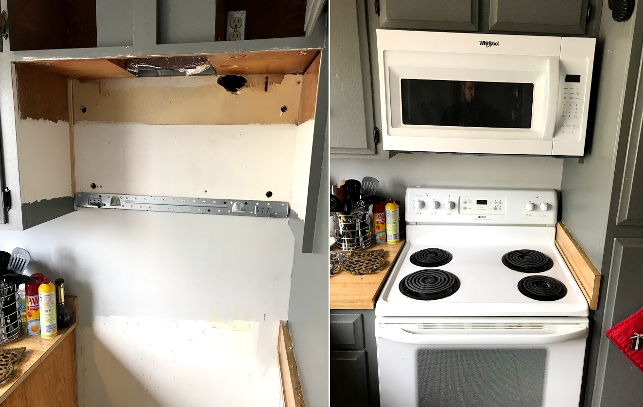 Kitchen with microwave, stove, and cabinet with removed bottom.