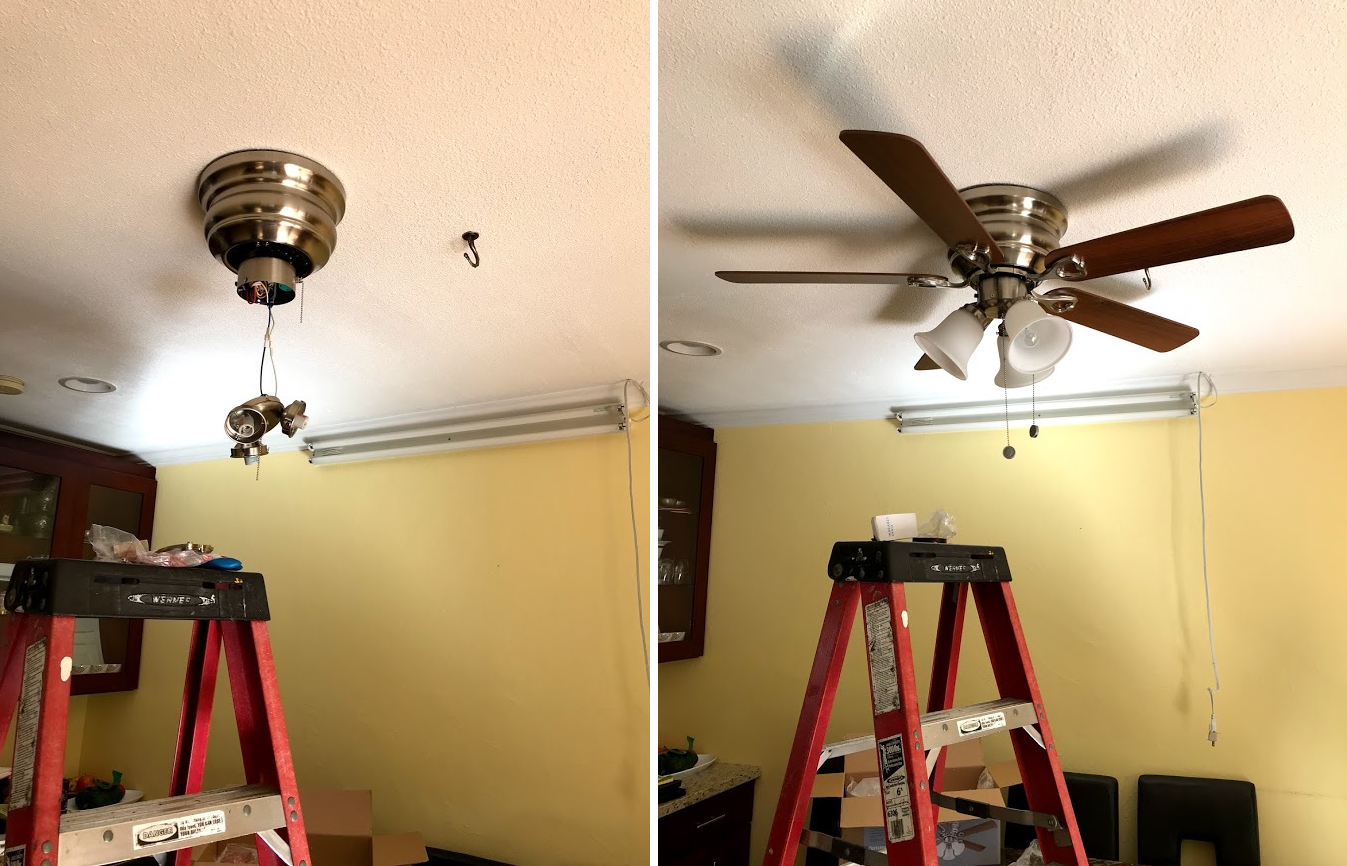 Ceiling fan installation: before and after. A ladder and tools are below. The fan has five brown blades.