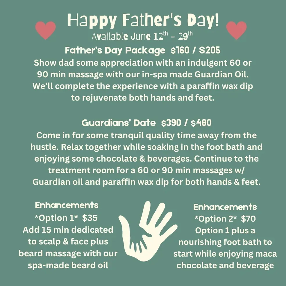 Teal Father’s Day spa promo with packages, pricing, and hand massage icon on a dark background
