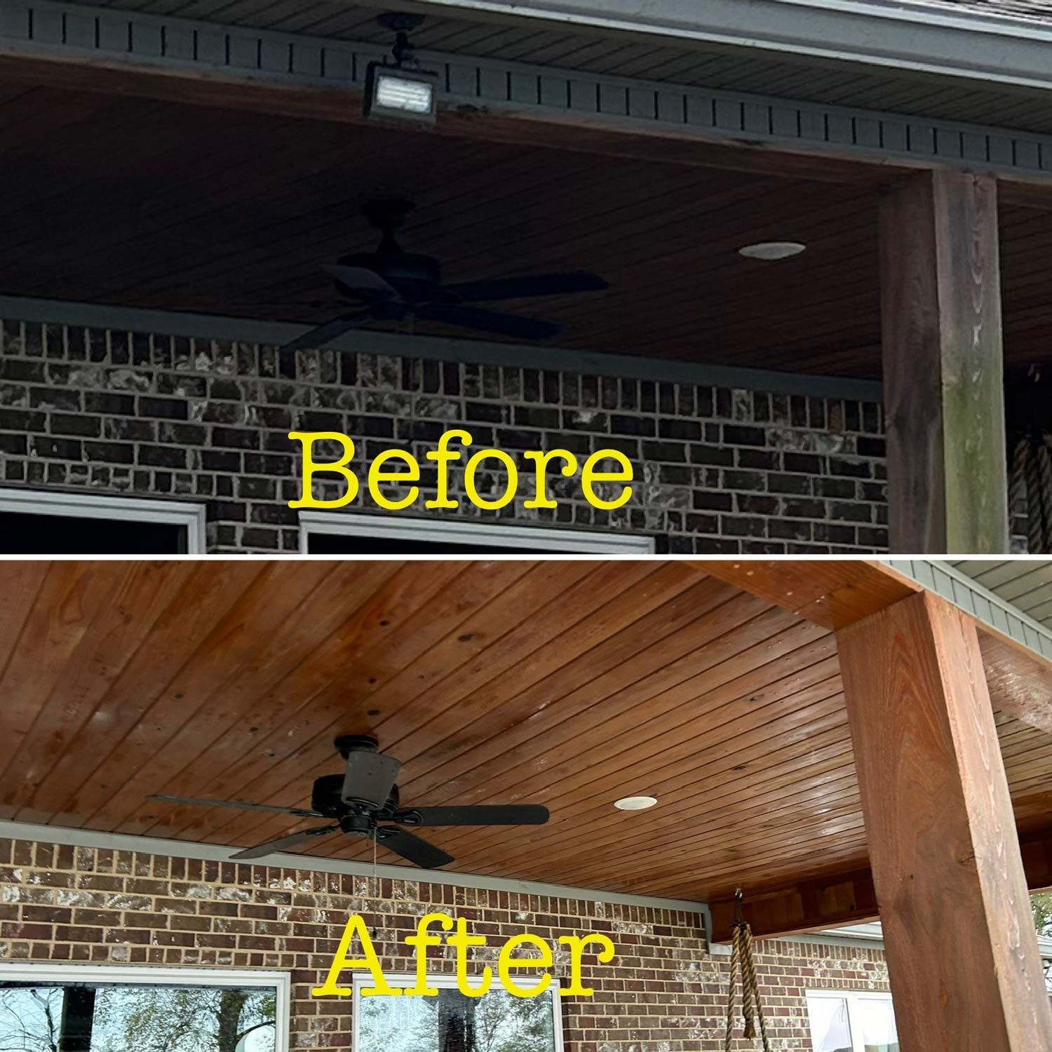 A before and after picture of a porch with a ceiling fan.