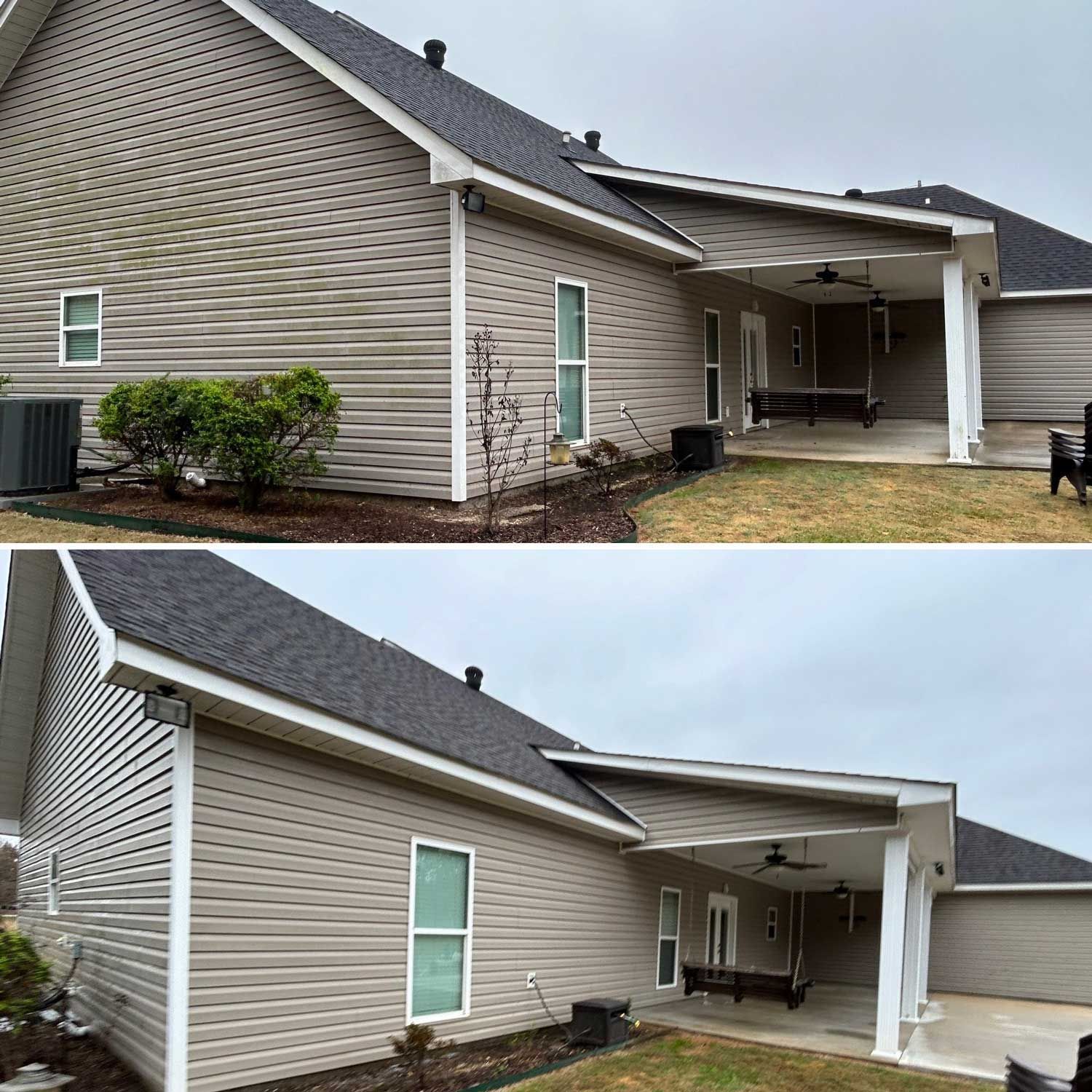 A before and after picture of a house with a covered porch.
