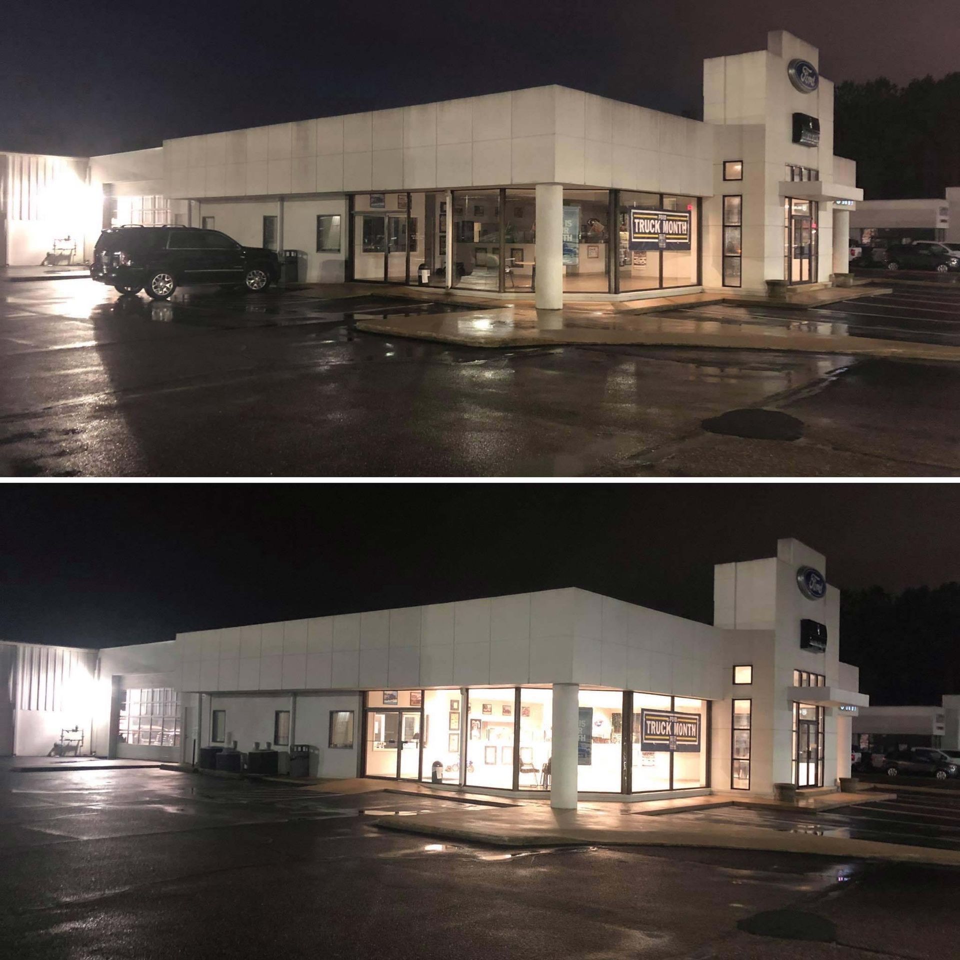 A before and after photo of a building at night
