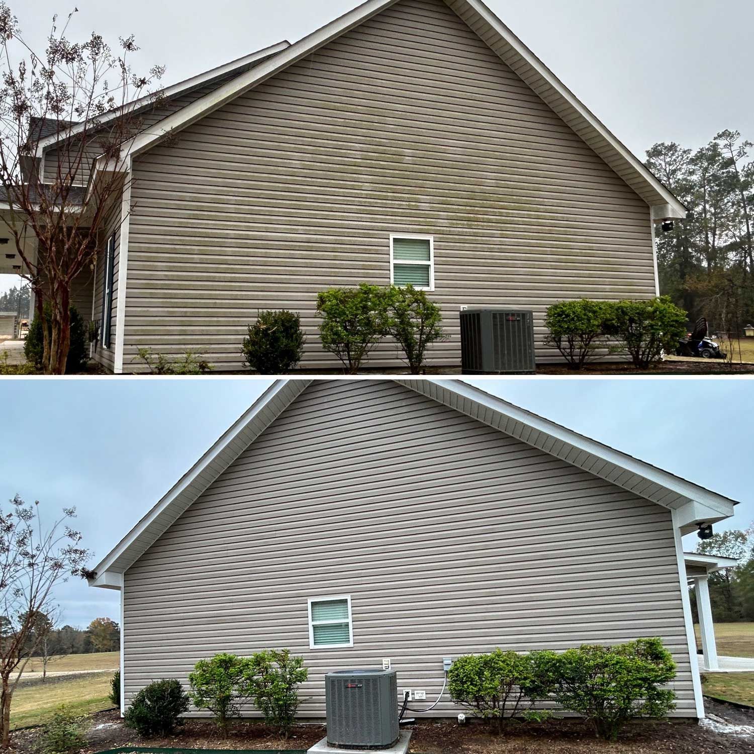 A before and after picture of a house with a air conditioner on the side.