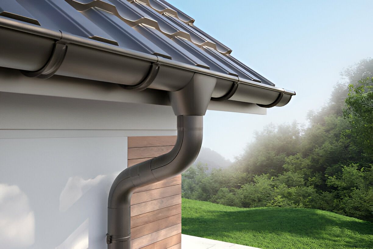A house with a gutter on the side of it.