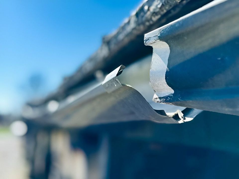 A house with a gutter on the side of it.