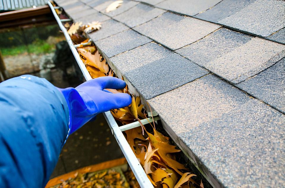 A person wearing blue gloves is cleaning a gutter on a roof.