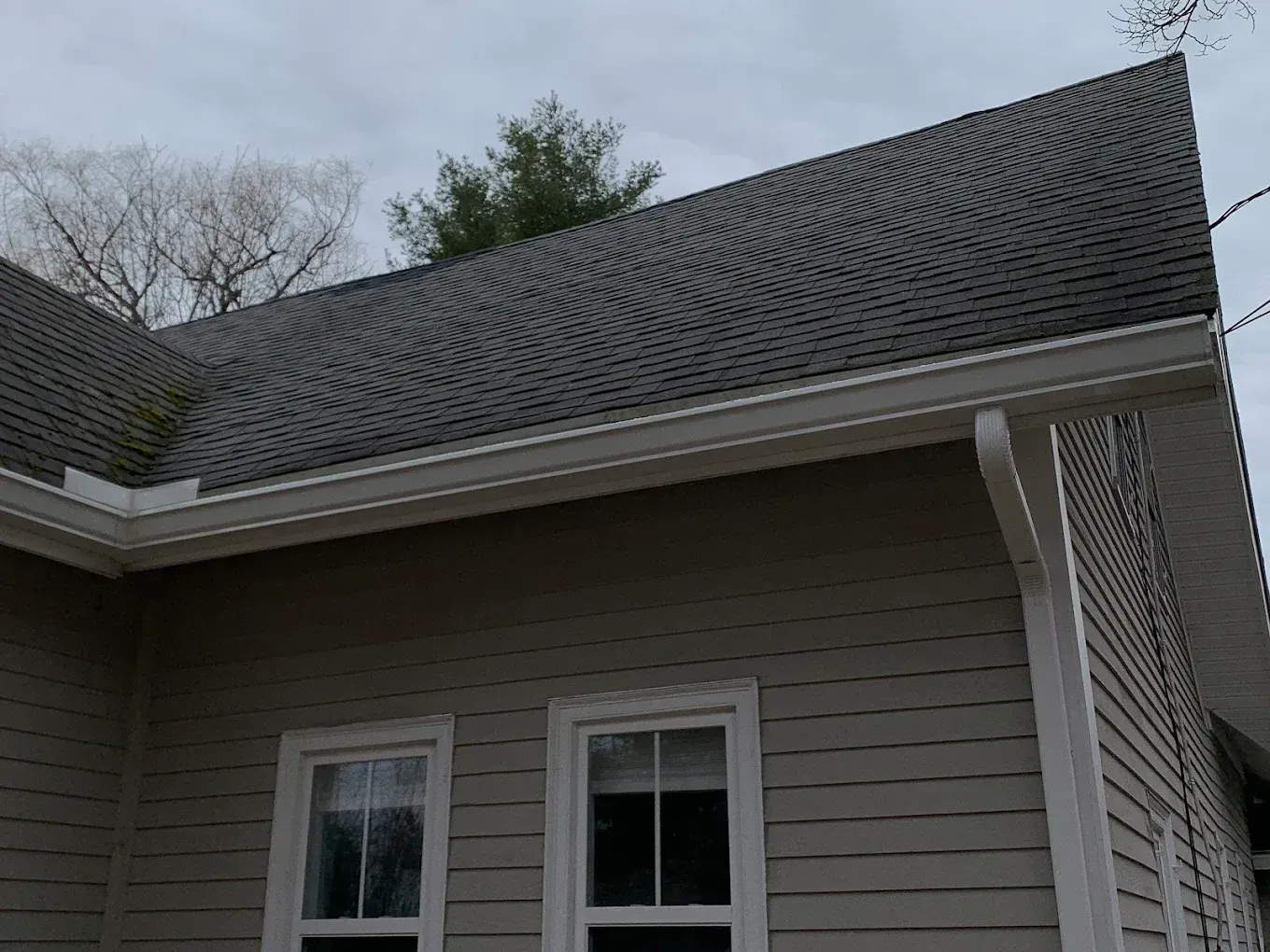 A house with a gray roof and two windows