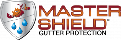 The logo for master shield gutter protection shows a shield with water drops on it.