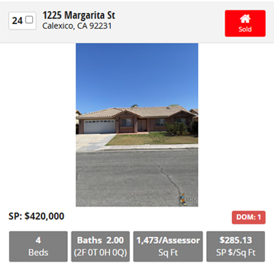 Real estate listing: House at 1225 Margarita St, Calexico, CA. Sold. 4 beds, 2 baths, 1,473 sq ft. Price: $420,000.