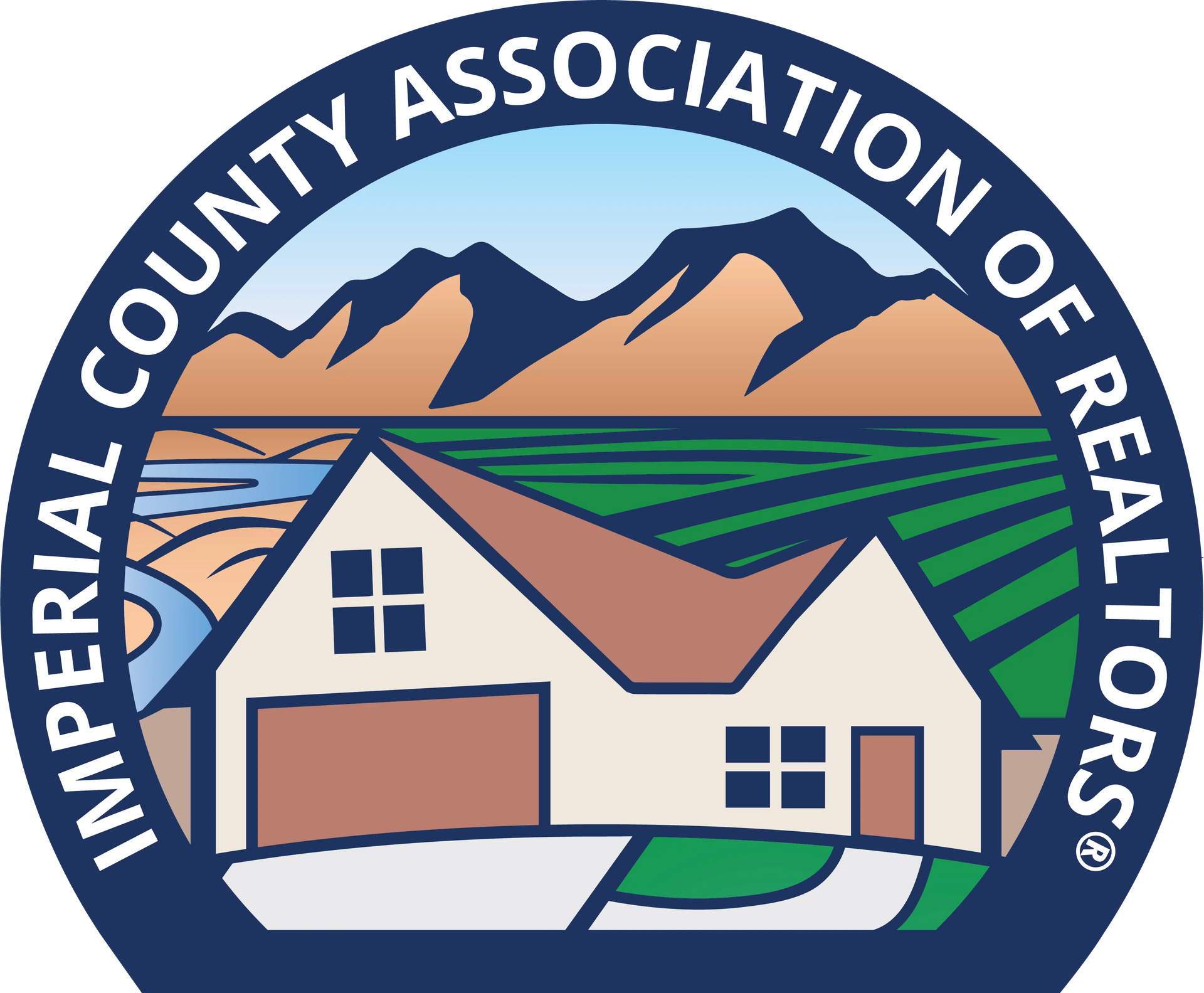 Imperial County Association of Realtors logo: a house in front of fields and mountains.