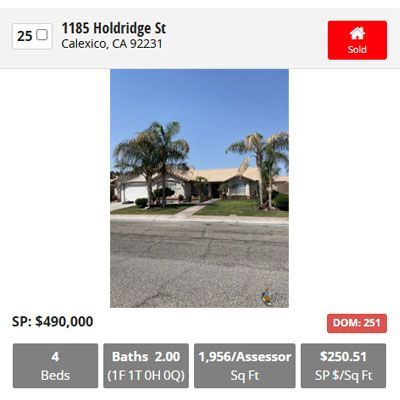 Real estate listing: House at 1185 Holdridge St, Calexico, CA. Sold for $490,000. Features 4 beds, 2 baths, 1,956 sq ft.