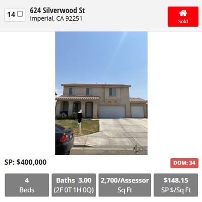 Sold house at 624 Silverwood St, Imperial, CA. Two-story beige house with a three-car garage, listed for $400,000, 4 beds, 3 baths.